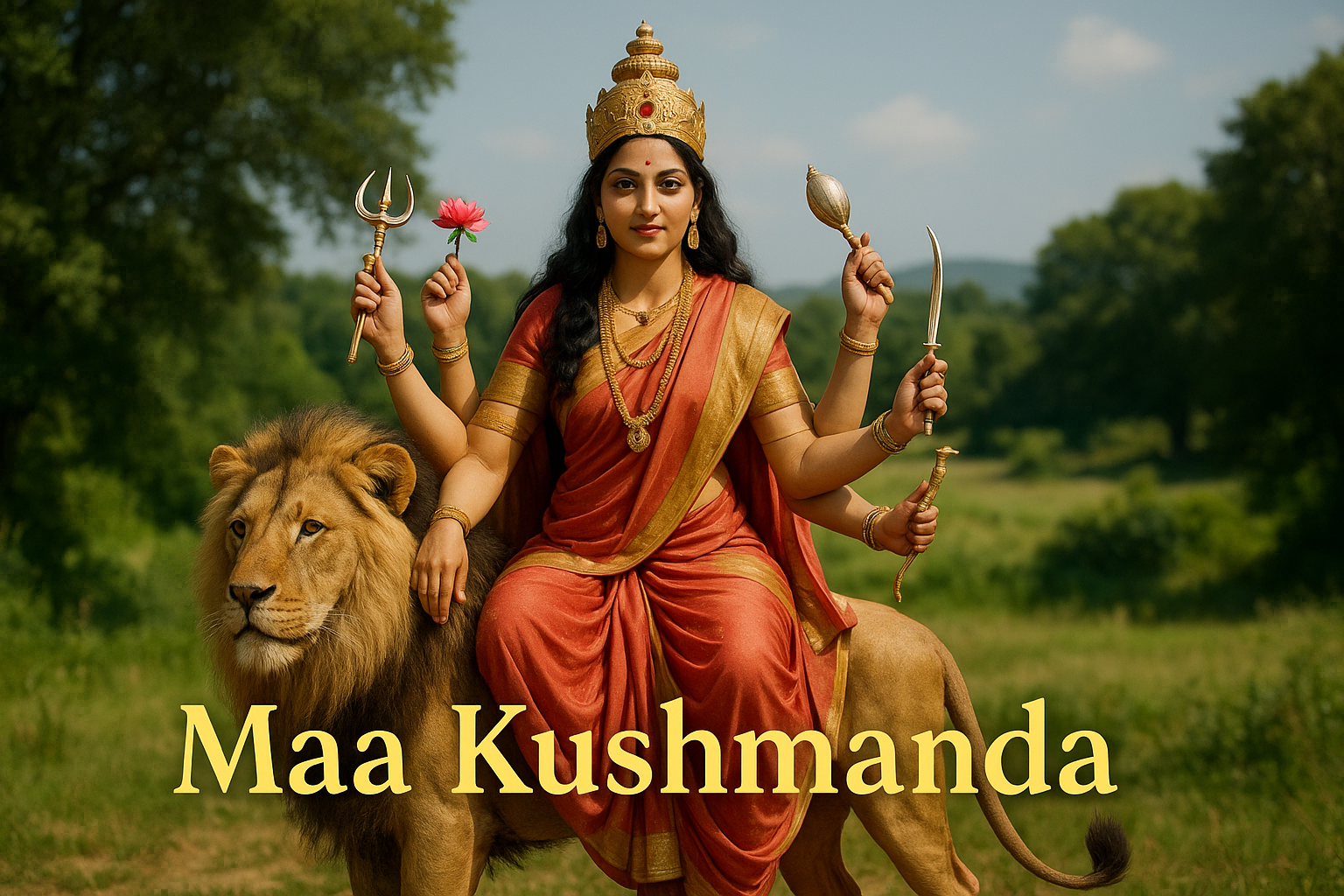 Maa Kushmanda is venerated. It is believed that she created the universe with her divine smile. She is associated with the cosmic egg (Kanda) and the core energy of the sun. He