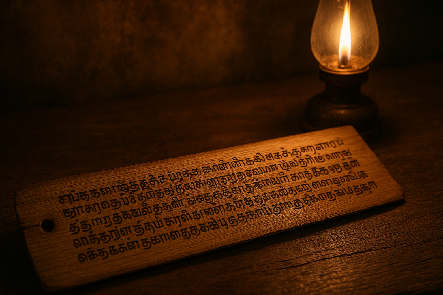 Ancient Tamil script inscribed on palm leaf manuscript beside an oil lamp on a wooden table.