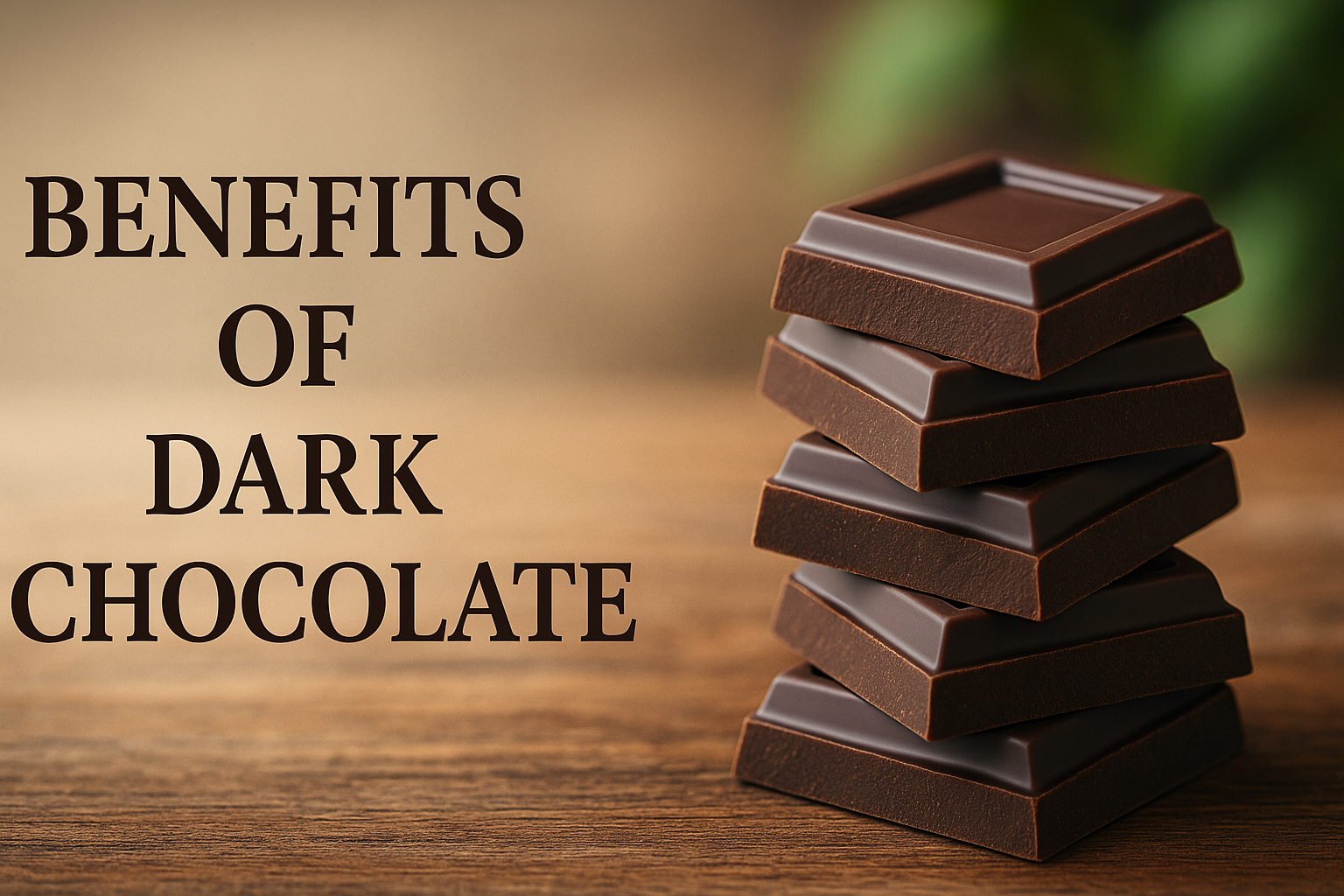 Stack of dark chocolate squares on a wooden table with 